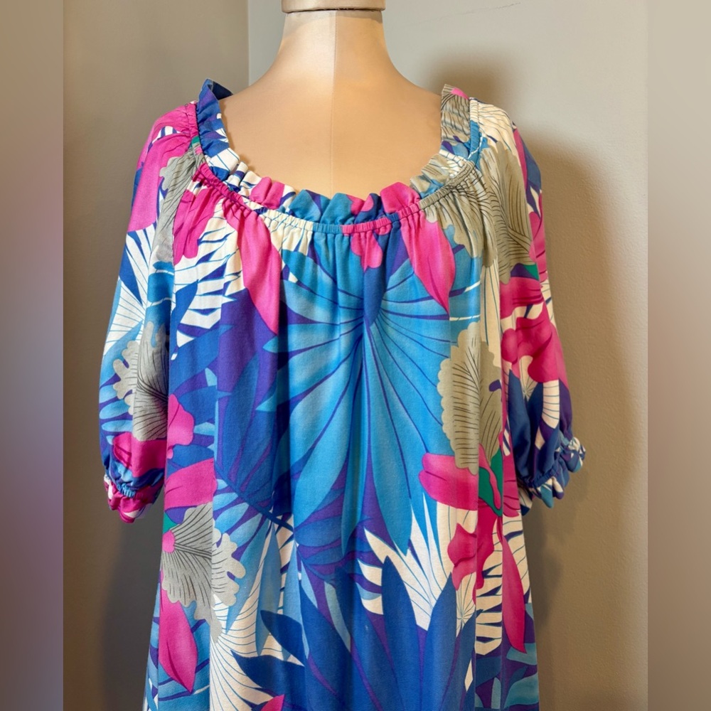 Hilo Hattie Blue Floral Cotton Muumuu Maxi Dress Made in Hawaii Womens Large 688 - Picture 4 of 9